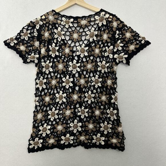 Vintage Floral Crochet Button Up Top Womens L Black White Dark Cottage Flowers - Picture 8 of 14